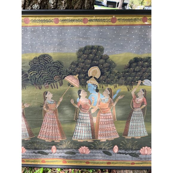 Krishna and Gopis with sacred cows waterliles large painted fabric canvas - Picture 4 of 8